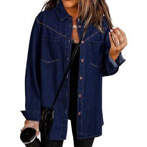 Women's Denim Shirt Long Sleeves Button Down V Neck Denim Jacket Sail Blue